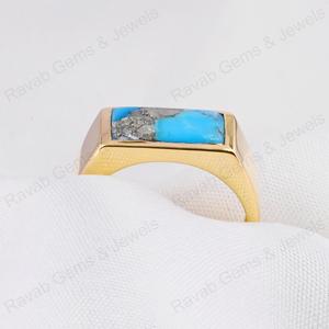 Best Selling 7x14mm Natural Pyrite <b>Turquoise</b> Gemstone Handmade 925 Silver Smooth Wedding Rectangle Vermeil Bohemian Style <b>Ring</b> - Product Image 6
