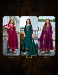 Calidad de exportación India Venta caliente Vichitra Silk Kurti con pantalón y Dupatta con bordado y trabajo manual Compras en línea India - Product Image 2