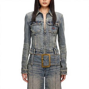 Chaqueta Vaquera Ajustada para Mujer Leathertex Azul Vintage - Estilo Elegante con Detalle de Cinturón, Lavado Desgastado, Secado Rápido, 100% Algodón - Product Image 1