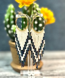Boho Iridescent Blue, Gold, Black, and White Beaded Fringe <b>Earrings</b> with Lever <b>Back</b> Closures - Product Image 2