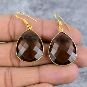 Smoky Quartz Pear Shape Gemstone 925 <b>Sterling</b> <b>Silver</b> Gold Plated <b>Dangle</b> <b>Earrings</b> for Women Dainty Wedding <b>Earrings</b> Gift for Her - Product Image 2