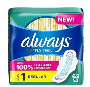 Always Ultra Thin Pads with Wings Taille 1 Regular 46 Count Soft Comfortable Absorbant Protection Bulk Pack For Sale Cheap - Product Image 1