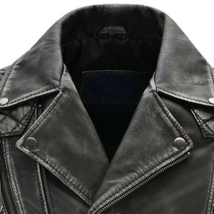 Chaqueta de cuero genuino para hombre con cierre de cremallera de cuello mandarín y forro de lona de poliéster temporada de invierno negra - Product Image 5