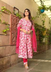 Tissu rayonne kurta imprimé de qualité supérieure avec beau travail de broderie miroir avec belle mousseline de soie Dupatta de haute qualité - Product Image 5