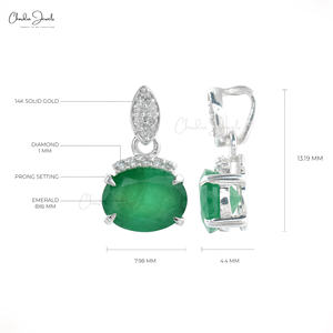 New Arrival 2025 Hallmarked 14k Solid White Gold Natural 8x6mm Emerald & Diamond <b>Delicate</b> Pendant Wholesale <b>Necklace</b> For Women - Product Image 2