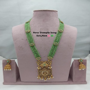 Quality Assure Traditional Crystal Long Necklace Jewellery <b>Set</b> With Mint Color Matching Earrings For Women And Girls - Product Image 1