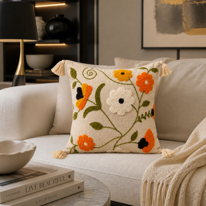 Cojín Decorativo Bordado a Mano con Flores de Algodón, Cojín Boho con Diseño de Amapola y Borlas para Decoración del Hogar - Product Image 2