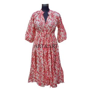 Robe midi de carrière en tricot 100% coton pour femmes, style bohème vintage, imprimé floral, manches longues, col en V, manches bouffantes, silhouette en A - Product Image 1