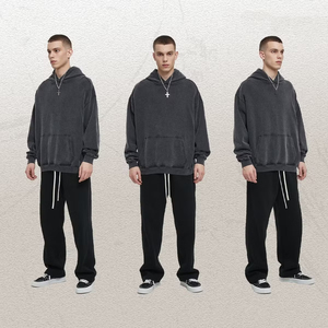 Sweat à capuche oversize pour homme, 100% coton molletonné, impression numérique, hiver, délavé à l'acide, uni, sans cordon, 300 grammes - Product Image 4