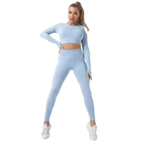 Pakaian Olahraga Wanita Gym Fitness Set 2 Potong Warna Solid Logo Depan Pinggang Elastis Pinggang Tinggi Bernapas Anti-Bakteri