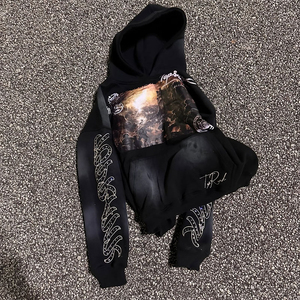 OEM personnalisé à la mode partout impression numérique brodé strass pull à capuche hommes lavage à l'acide capuche - Product Image 5