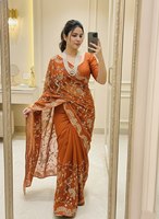 Sari tendance en soie Georgette indienne avec broderie et bordure en dentelle, fabriqué au Pakistan, prêt-à-porter pour femme, idéal pour la plage et les soirées.