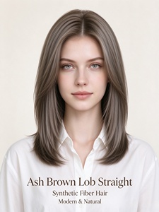 Ash Brown Lob Straight <b>Wig</b> <b>Synthetic</b> Fiber Hair Natural Looking Medium Length Hairpiece for Daily Wear - Product Image 1