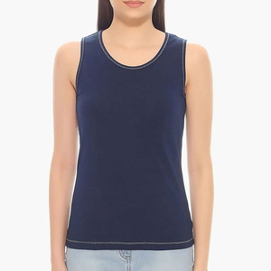 Débardeur tricoté à col rond pour femme, couleur unie, respirant, décontracté, sans manches, longueur normale, bleu marine - Product Image 6