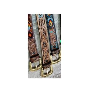 Unisex Premium Floral <b>Tooled</b> <b>Leather</b> <b>Belts</b> with Beaded Brass Buckles Customized Durable Horse Products Wholesale - Product Image 2