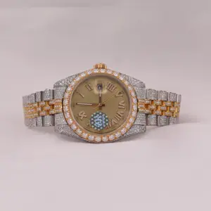 Vàng Tone Bezel Bling Tự Động Cơ Khí Iced out Unisex Tester Vượt Qua Moissanite Kim Cương Cổ Tay Watch Với Hộp Ban Đầu