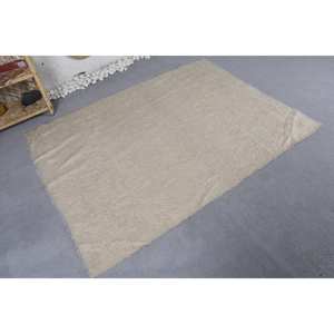 Alfombra turca Vintage moderna de 4,4X5,7 pies, diseño clásico de retazos Beige, lana hecha a mano, piel de conejo sintética, látex, pasillo rectangular - Product Image 4