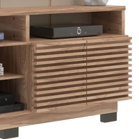 Meja TV Modern VERONICA 2 Pintu dari Kayu Particleboard Oak/Cristalo Brazil dengan Panel Berpalang untuk Ruang Tamu Gaya Farmhouse