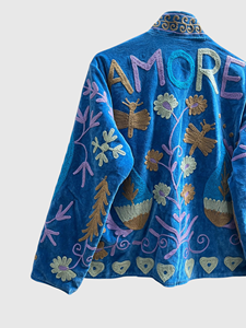 Blue Velvet Embroidered Jacket Mandarin Collar Full Sleeve Plus Size Women'<b>s</b> Floral Pattern Hand Embroidery Autumn Wear - Product Image 4