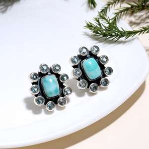 Pendientes de Plata de Ley con Engaste de Larimar Natural Tallado en Forma Elegante, Ajustables, para Bodas y Fiestas - Product Image 4