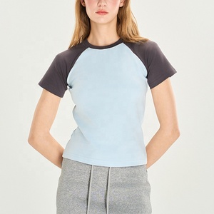 Summer New American Style Slim <b>Raglan</b> Sleeve Crop <b>Top</b> Fit Cropped T-Shirt Solid Ribbed Crew Neck Tee for Women Street Style - Product Image 6