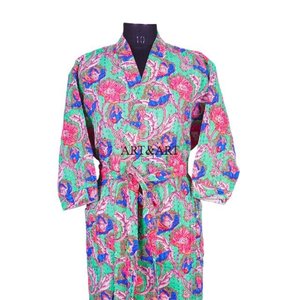 Peignoir kimono de luxe en coton 100% de haute qualité pour femmes, longueur intégrale, col en V, manches 3/4, robe kimono pour vêtements de nuit - Product Image 4