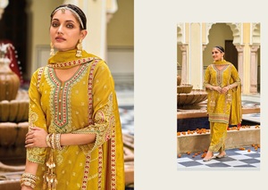 New Latest Wholesale Dhwaja Export Premium Silk Embroidery Work Women's India Pakistan Style Complete Set Kurti Plazzo Duppatta - Product Image 2