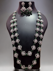 Emerald diamond <b>link</b> royale necklace & earrings set made of premium emerald green and crystal white stones - Product Image 3