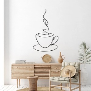 Arte de pared de retrato abstracto de estilo moderno, taza de café minimalista elegante, decoración decorativa, alambre de hierro negro, Metal recubierto de polvo - Product Image 1