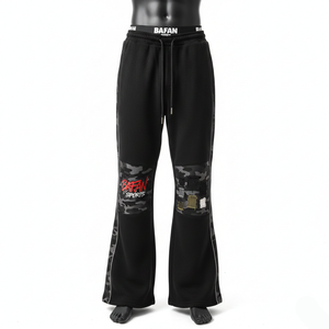 กางเกงขายาวทรงบานผ้าฟลีซโพลีเอสเตอร์พรีเมียม เนื้อผ้านุ่ม ยืดหยุ่น ลายพรางสีดำ ปักโลโก้ด้วยความร้อน ทรงพอดีตัวสำหรับผู้ชาย - Product Image 6