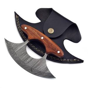 Couteau à pizza Ulu en acier de Damas, manche en bois de rose, étui en cuir, fait main, OEM, professionnel, ambidextre, industriel - Product Image 1