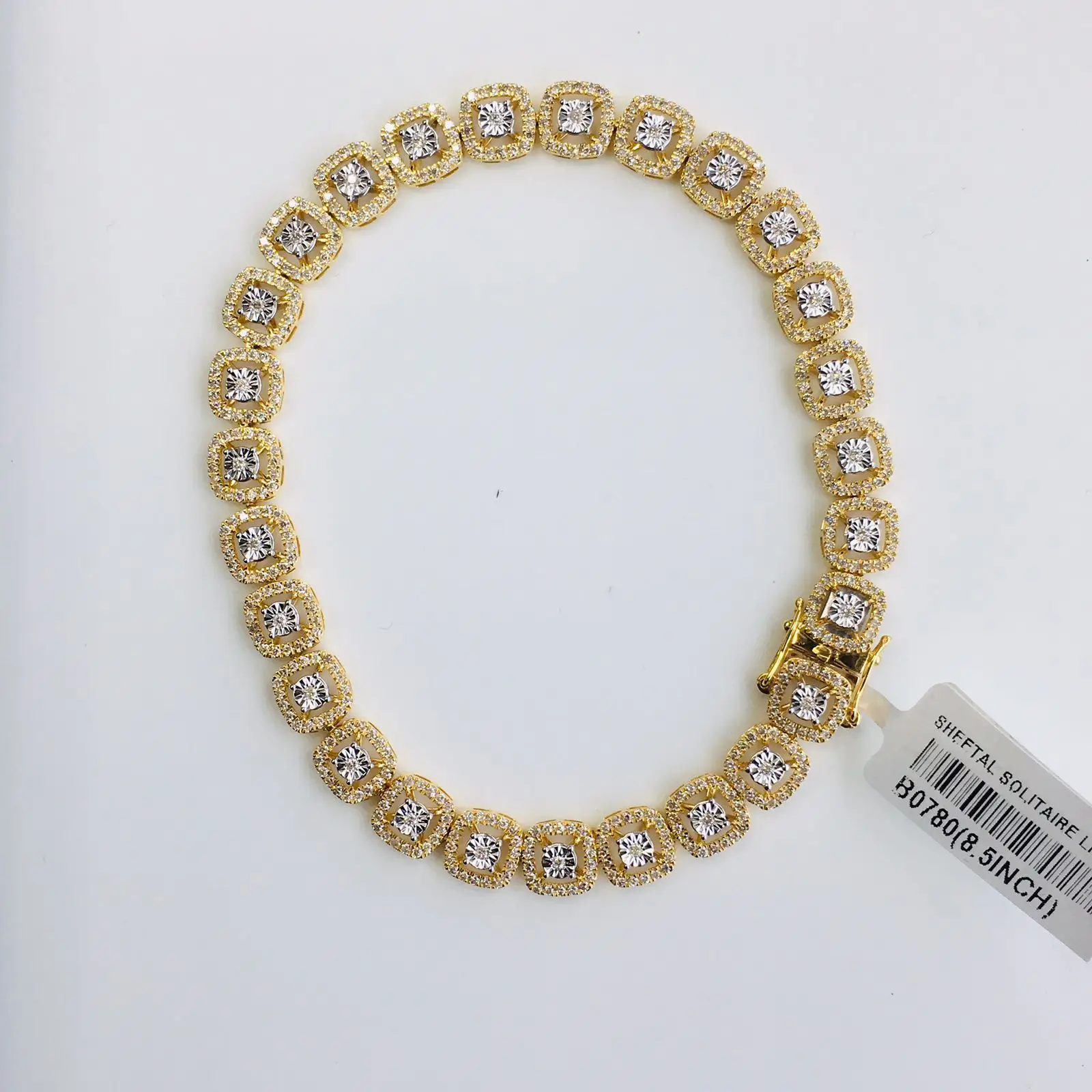 Pulseira de tênis quadrada redonda diamante ouro amarelo 10K