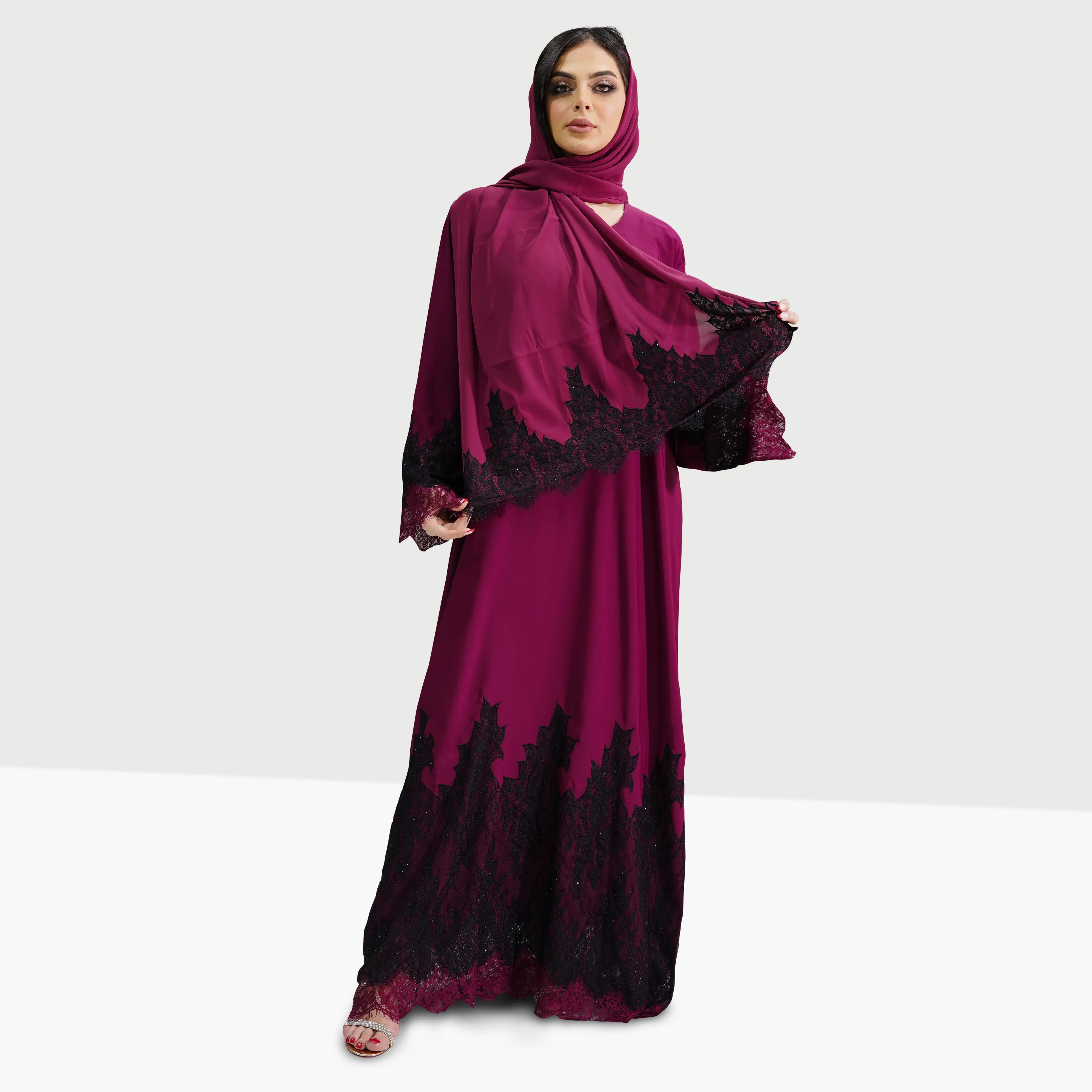 Aesthetic Maroon Sahar Dual Lace Embroidery Abaya for Women - Regular & Custom Fit - Korean Nida Fabric