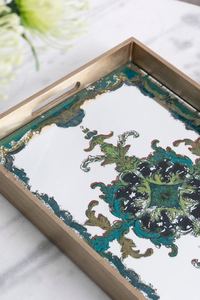 Plateau de service rectangulaire en bois émaillé de luxe avec impression florale antique, plateau de vanité décoratif pour la maison, l'hôtel, cadeau - Product Image 4