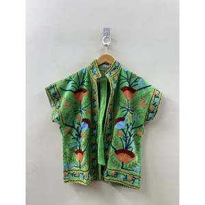 Baagh Eco-Friendly Handcrafted in Jaipur <b>Jacket</b>-Hand-Embroidered <b>Lime</b> Garden <b>Green</b> Velour Vest Suzani-Inspired Outer Wear - Product Image 4