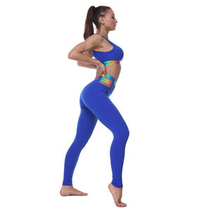 Conjunto de Yoga Azul para Mujer, Bra Deportivo Elástico Arcoíris y Leggings de Cintura Alta, Ropa Deportiva para Gimnasio, Marca Privada OEM - Product Image 4