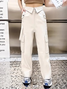 Pantalon en cuir à jambes larges coupe ample poches à bretelles pantalon cargo droit pantalon décontracté Streetwear automne - Product Image 4