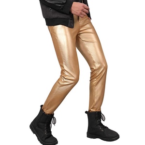 Pantalon slim pour homme en PU doré, taille haute, fermeture éclair, style streetwear, décontracté, avec ceinture décorative - Product Image 6
