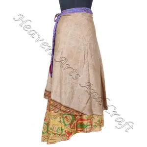 New 38 Inch Vintage Art Silk Double Layer Reversible Sari Magic Women Wrap Skirt reversible vintage silk magic wrap skirt 38"