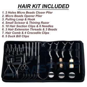 Kit d'outils pour extensions capillaires en acier inoxydable noir mat, comprenant pince à micro-perles, aiguilles à boucle de traction, crochets et pinces de sectionnement type bec de canard - Product Image 2