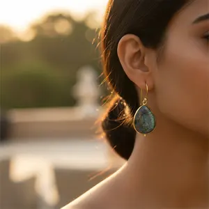 Boucles d'oreilles en forme de larme en labradorite plaquées or rose pour femmes, bijoux géométriques tendance en pierres précieuses et diamants pour mariage, fiançailles, cadeau - Product Image 1