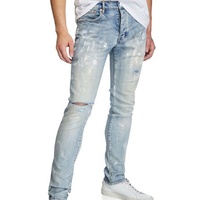 Jean droit déchiré extensible de haute qualité pour homme 2024, style streetwear, délavé, effet usé, avec bandes, coupe droite, en denim, broderie rivets