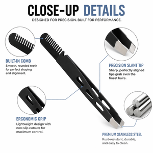 Pinzas para Cejas con Peine, Acero Inoxidable, Punta Inclinada, Herramienta de Depilación de Precisión, Antideslizante, 2 en 1, Color Negro - Product Image 5