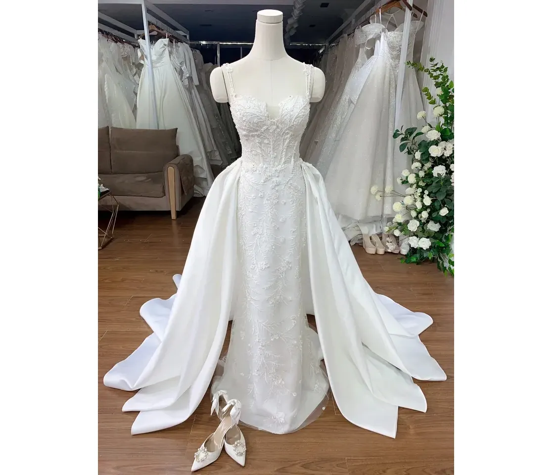 Hermoso vestido de novia de alta calidad al por mayor diseño de sirena cuentas satén agregar encaje de cuentas hecho a mano TNBPno23