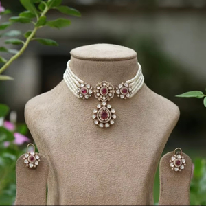 <b>Beautiful</b> Elegant Matt Gold Plated Polki Kundan Choker Set for Wedding Occasions Anniversary Celebrations - Product Image 1