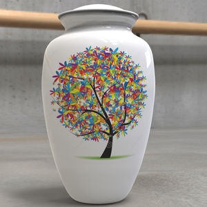 Colorido Diseño ilustrado de un árbol con diseño de hojas coloridas Urna de cremación para cenizas humanas con bolsa de terciopelo - Product Image 1