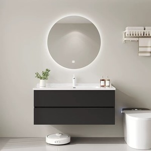 Modern and Simple Integrated Basin Bathroom Cabinet Set with 2 Shelves Stainless Steel Handles Solid Wood Washbasin - Product Image 1