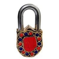Cadenas en laiton Ganesha Design Style antique avec pierres précieuses colorées Serrure décorative à collectionner artisanale pour l'usage du temple à la maison