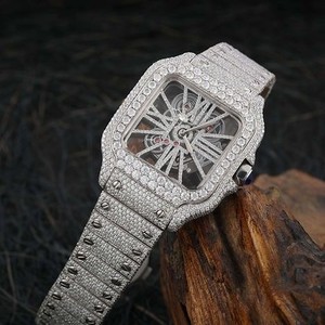 Squelette Luxueux Hip Hop Montre-Bracelet Analogique Mouvement Quartz Cadran Acier Inoxydable Clouté Moissanite Diamants Saphir Cristal - Product Image 1