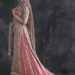 BRIDAL LONG <b>KURTA</b>, LEHENGA WITH DUPATTA DRESS Embellished WITH CRYSTAL GLASS BEADS,STONE,DABKA WORK for PARTY-WEAR/WEDDING@2024 - Product Image 1
